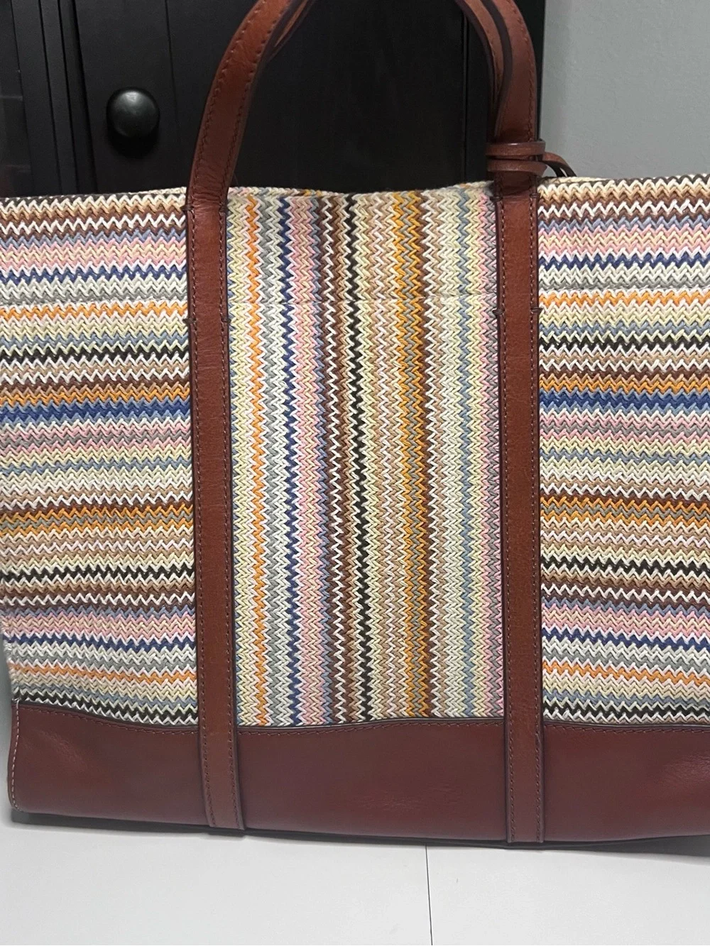 Fossil Multicolor Chevron Tote with Brown Leather Handles